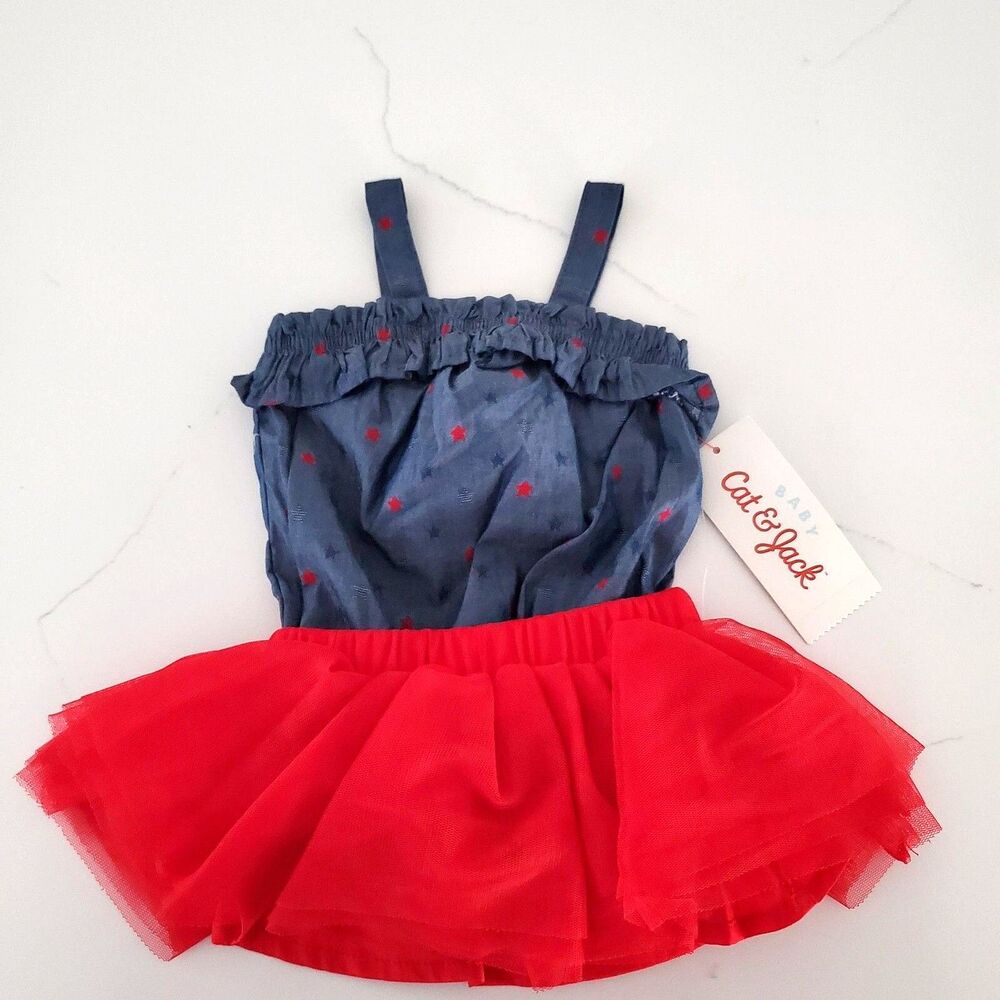 NWT Cat & Jack Newborn Girl's Bodysuit & Tutu Set Size 0-3M Blue Red USA Stars